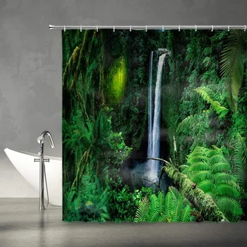 Miško krioklys Dušo užuolaida Atogrąžų miškų palmių džiunglių medis Žali lapai Augalai Peizažas Vonios dekoro komplektas su kabliukais