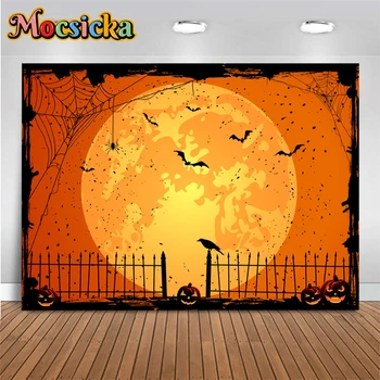 Mocsicka rudens Helovino dekoravimas Fotografija Fonas Vakaro mėnulio šikšnosparniai Voratinklis Moliūgų žibintų nuotraukos Fono rekvizitai