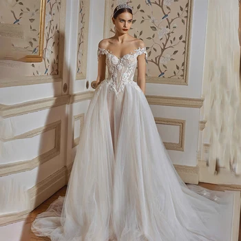 Modern Off The Shoulder Nėrinių aplikacijos vestuvinės suknelės moteriai Sweetheart Berankovė nuotakos suknelė 2023 Elegantiška Rode De Morrie