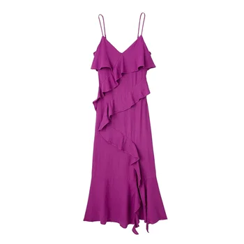 Moteris seksuali violetinė plona V kaklo suknelė 2023 Vasara Moteriški prašmatnūs kieti raukiniai Ilgos suknelės Ponios elegantiška vakarėlio suknelė