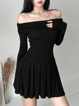 Moteriška bodycon mini suknelė juoda ilgomis rankovėmis plisuota apvado vakarėlio suknelė Y2k Fashion Off Shoulder mini suknelė