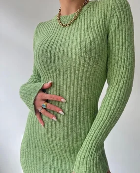 Moteriška megzta suknelė dryžuota apvaliu kaklu pilnomis rankovėmis storos ilgos suknelės Tiesūs sijonai Solid Casual Slim Fit Žiema 2023