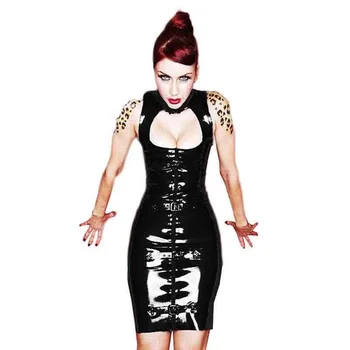 Moteriški drabužiai Seksualūs Tuščiaviduriai Juoda vinilinė odinė suknelė Vestido Punk Rock Bodycon Turtleneck Vakarėlio suknelė Naktinio klubo suknelė Chalatas