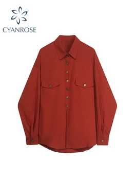 Moteriški raudoni marškiniai ir palaidinės Korėjiečių Harajuku Y2k 90s Mada Vintage 2000s marškiniai ilgomis rankovėmis Polo kaklo marškiniai Top Drabužiai 2023 Ruduo