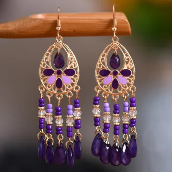 Moteriški violetiniai karoliukai Kutai Auskarai Aukso spalvos lydinys Gėlė Retro Indijos auskarai