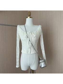 Moterys Balti suvarstomi marškiniai Palaidinės 90s Y2k Vintage Korean Harajuku 2000s Fashion Elegantiški marškiniai ilgomis rankovėmis Elegantiški drabužiai 2024