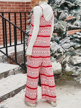 Moterys Kalėdinis megztas kombinezonas Snaigės atspaudas Laisvas tiesių kojų kombinezonas Romper Kelnės su kišeniniais gatvės drabužiais