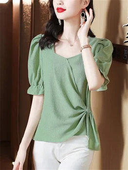 Moterys Pavasario vasaros stiliaus palaidinės Marškiniai Lady Casual Short Puff Sleeve O-Neck Solid Color Blusas Tops DF4733