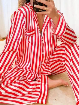 Moterys Raudonos/žalios kalėdinės pižamos komplektas Dryžuoti marškiniai ilgomis rankovėmis su ilgomis kelnėmis Miego drabužiai Poilsio drabužiai Naujieji 2024 metai