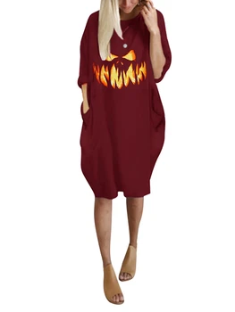 Moterys s Helovino miego drabužių suknelė Laisva apvaliu kaklu ilgomis rankovėmis grimas PrintSide kišeninė miego suknelė Naktiniai marškiniai