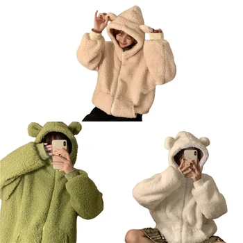 Moterys Žieminis ilgomis rankovėmis Užtrauktukas Fuzzy Hoodie Bear Ear Fleece Outwear Coat N7YD