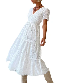 Moterų vasaros A-Line White Beach laisva suknelė Vienspalvė kilpa V kaklo trumpomis rankovėmis midi suknelė vakarėlių susibūrimui