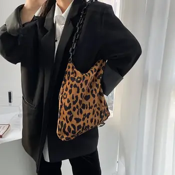 Moterų velvetinis pečių krepšys Didelės talpos leopardinė rankinė Pažastų grandinės maišelis