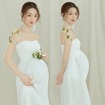 Motinystės moterų fotografijos rekvizitai Balta elegantiška preganto vamzdžio viršutinė suknelė Nėštumo suknelės Studija Fotosesija Suknelė