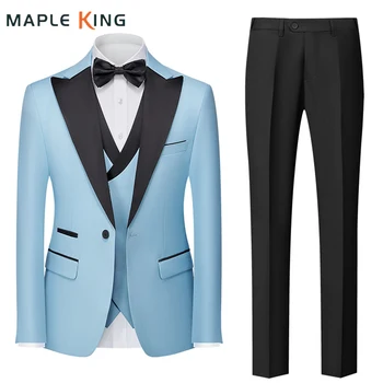 Mėlynos vestuvinės suknelės Vyriški kostiumai 3 dalių (Blazer+Vest+Pant)Korėjietiško stiliaus verslo kostiumas Homme Mariage Slim Groom Striukės Kelnės