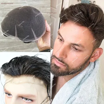 Natūrali plaukų linija Pilni nėriniai kvėpuojantys vyrai Toupee Super patvarus žmogaus plaukų perukas Nematomas baliklio mazgų pakaitinis protezas