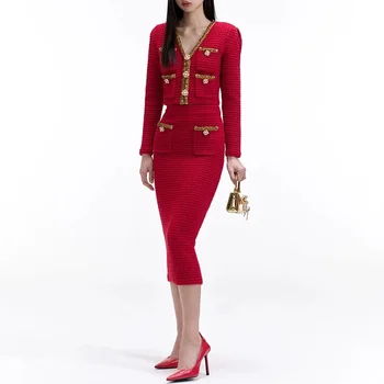 Nauja kolekcija Raudonas pilnų rankovių sagų kišeninis megztinis ir plonas A linijos sijono rinkinys Aukštos kokybės moteriškas kostiumas
