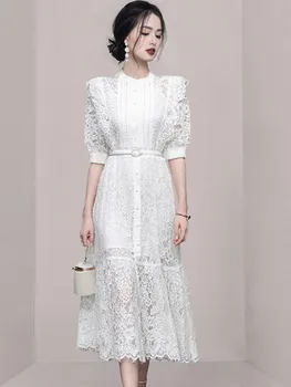 Nauja mada Korėja Stilius Vasarinė ilga suknelė Viengubas Krūtinė Balti nėriniai Tuščiaviduriai Išsprūdę Suknelė trumpomis rankovėmis Suknelė Moteriški drabužiai Vestido