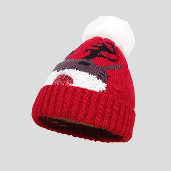 Nauja žiemos mergaitės megzta skrybėlė Kalėdų senelis Briedis Kepurė lauke Šilta vilnonė kepurė su kailio kamuolio megztiniu Šalta skrybėlė madinga
