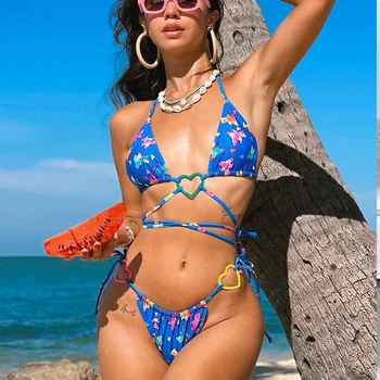 Naujas mėlynai atspausdintas lokys Bikinio meilės dirželis Padalintas maudymosi kostiumėlis Ladies Bikini Mini Micro Hot Kawaii maudymosi kostiumėlis