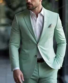 Naujas šviesiai žalias vyriškas smokingas Verslo kostiumas Jaunikis Groomsman Prom vestuvių vakarėlis Oficialus 2 dalių komplektas Švarkas ir kelnės