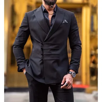 Naujausio dizaino juodi solidūs vyriški kostiumai Mados viršūnė Atvartų verslas Laisvalaikio apranga Vestuvių jaunikis Smokingas 2 dalių švarkas su kelnėmis