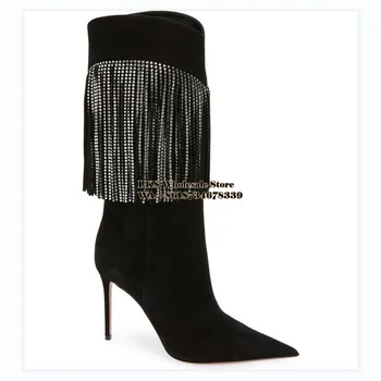 Nauji moteriški batai Vegan Leather Glamour Crystal Fringe Stiletto Boots Pointed Toe Black Mid Blauzdos Batai Moteriški batai Vakarėlių batai 45