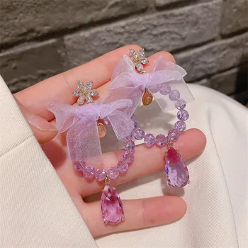 Naujieji korėjiečių saldūs violetiniai krištoliniai verpalai Bowknot Heart Long Drop auskarai moterims Fashion Holiday Vakarėlių papuošalai