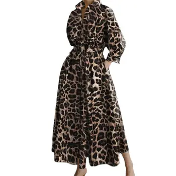 Naujos moteriškos suknelės Rudens moters drabužiai V formos kaklas Elegantiška marškinių suknelė Leopardas ilgomis rankovėmis Laisvalaikio suknelės aukštu liemeniu Traf Kaftan