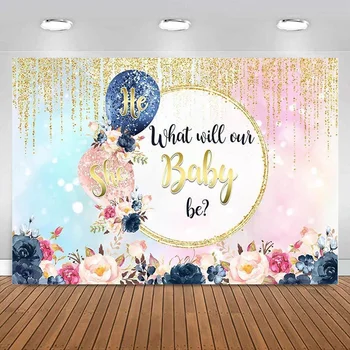 Navy Blue Blush Gender Reveal Background Boy or Girl He Or She Party Decoration Balloon Baby Shower Photography Background Banner