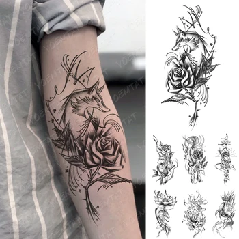 Neperšlampamas laikinas tatuiruotės lipdukas Juoda eskizo linija Lapės rožės gėlė Tato festivalis Kūno menas Rankos perkėlimas Netikros tatuiruotės Vyrai Moterys