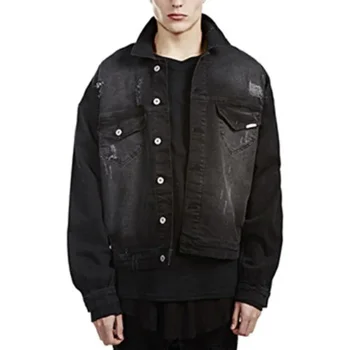New Black Men's Oversize Hole Washed Denim Jacket HP Hop Jacket Fashion Lapel Single Breasted Spring Jacket Clothing For Man