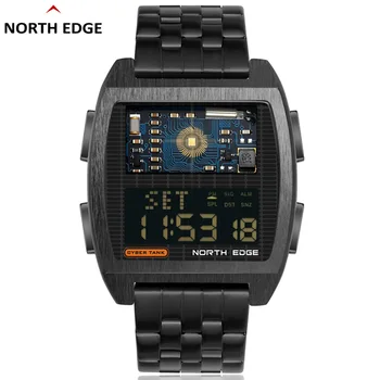 NORTH EDGE Kvadratinis nerūdijančio plieno elektroninis laikrodis Vandeniui atsparus žadintuvas Stop Watch Naktinis apšvietimas Cool Smart Watch Multi funkcija