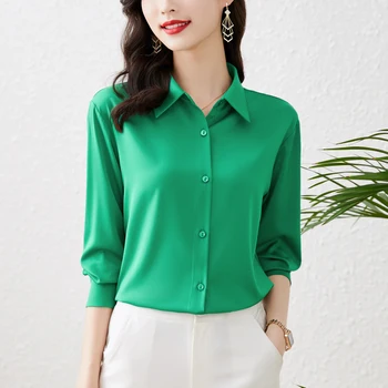 Office Green Satin Shirts Women Simple Officw Work White Satin Tops Woman Autumn Silk Green Tops
