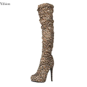 Olomm Moteriški platforminiai batai virš kelių Batai Seksualūs ploni aukštakulniai Leopardo batai Apvalūs pirštai Laisvalaikio batai Moterys JAV dydis 4-15