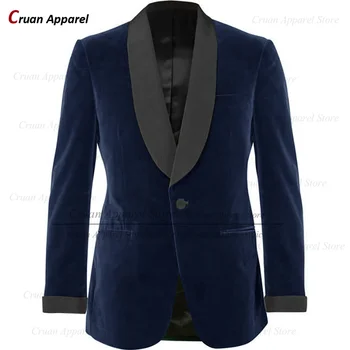 (One Blazer) Navy Blue Velvet Men Blazer Slim Fit Luxury Wedding Prom Business Suit Jacket Siuvinys Fashion Male Coat Tuxedos