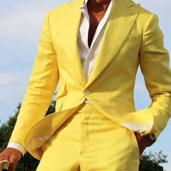 One Button Vyriški kostiumai Geltonas smailus atlapas Viengubas krūtinė Laisvalaikio vakarėlio vestuvių apranga Balzer Terno Slim Fit Trajes de Hombre