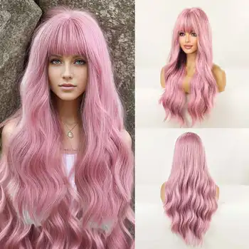 oneNe tik ilgas rožinis perukas su kirpčiukais Natūralios bangos karščiui atsparūs banguoti plaukai Sintetiniai perukai moterims Lolita Cosplay