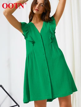 OOTN Casual Comfort V-Neck moteriška suknelė 100% medvilnė skraidančiomis rankovėmis Vasarinės elegantiškos A linijos suknelės Žalia viengulė mini suknelė