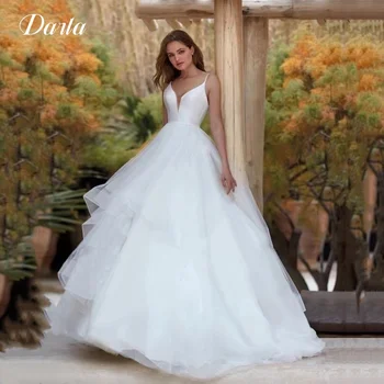 Paprastos tiulio vestuvinės suknelės moteriai 2023 m. Civilinė V kaklo nuotakos suknelė be rankovių princesės nėriniai Atvira nugara Pleat Vestido De Noiva