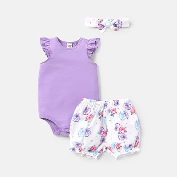 PatPat 3vnt Baby Girl, 100% medvilninis romperis rauktuvėmis ir gėlių spausdinimo šortų ir galvos apdangalų rinkinys