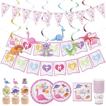 Pink Dinosaur Girl Party vienkartiniai indai Staltiesė Servetėlių puodelis Lėkštės tortas Topper Banner Su gimtadieniu Vakarėlio dekoravimas