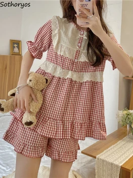 Pižamų rinkiniai Moteriški saldūs raukiniai Dizainas Mada Laisvalaikis Retro Klasikinis Korėjietiškas stilius Namų poilsio apranga Vasara Paprasti patogūs Ins