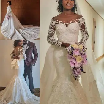 plius dydžio undinė vestuvinės suknelės nuimamas traukinys kuklus didelis lankas ilgomis rankovėmis pilni nėriniai Afrikos Nigerijos trimitas Nuotaka