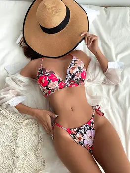 Pool atostogų maudymosi kostiumėlis moteriškas kostiumas rožinis gėlių atspaudas raukinių kraštas gėlių trikampis bikini ilgas dirželis maudymosi kostiumėlis Biquini paplūdimio apranga