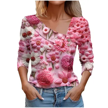 Populiariausios moterys Kaktusas Gėlių 3D spausdinimas Marškinėliai ilgomis rankovėmis Rožiniai puloveriai Elegantiški marškiniai ir palaidinės Pavasario rudens jaunatviški drabužiai Trikotažas