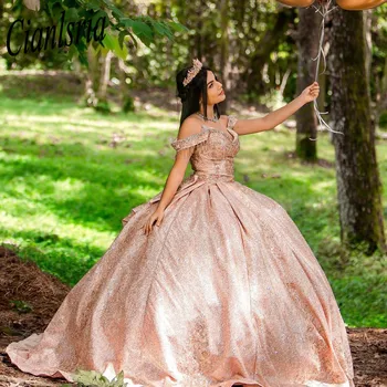 Prabangios rožinio aukso svarainių suknelės Blizgučiai Suvarstomi korsetai Pūstas sijonas Princesės debiutantės suknelė 15 metų