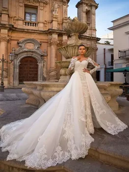 Prabangios undinės vestuvinės suknelės 2024 O-kaklo aplikacijos ilgomis rankovėmis nuimamas traukinys 2 In 1 nėriniuoti nuotakos chalatai Vestidos de Novia