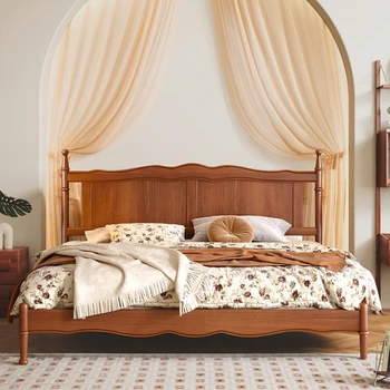 prancūziška retro pilna medžio masyvo lova, buksmedžio vidurinė senovinė pagrindinė miegamojo dvigulė lova, amerikietiška kaimo šviesi prabanga, moderni