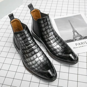 Priežastinis verslas Pilki vyriški Chelsea batai Madingi krokodilo odiniai batai vyrams Smailūs įsispiriami kulkšnies batai Man botines hombre